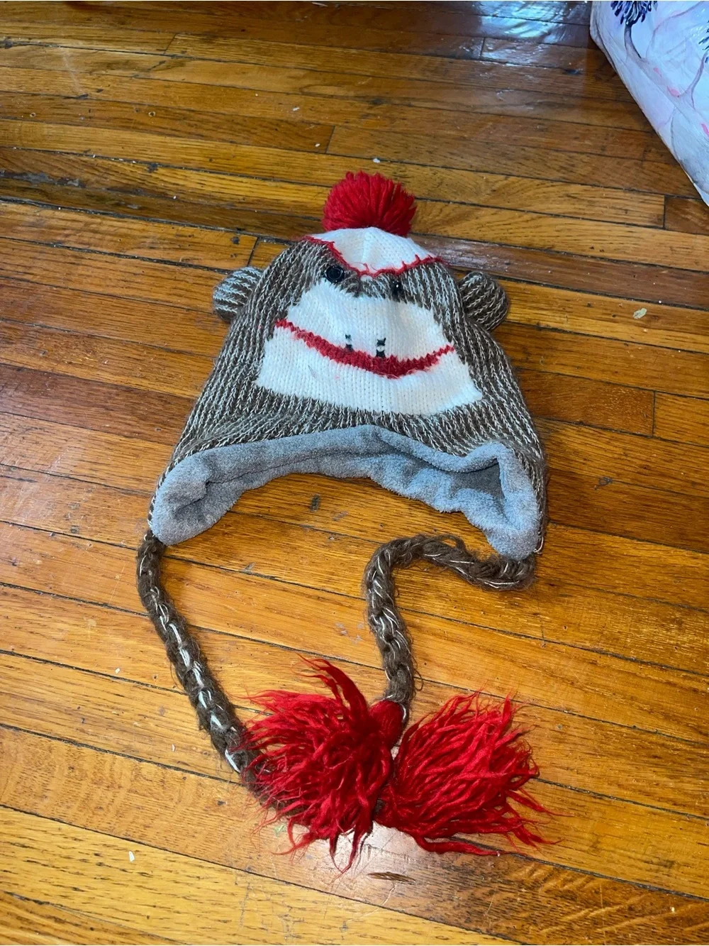 Kids Red Pom-Pom Sock Monkey Earflap Hat